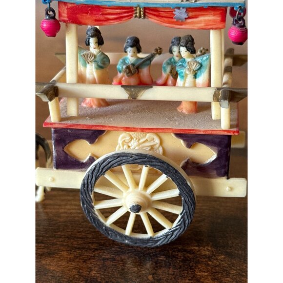 Handcrafted Wooden Ox Cart Figurine With Colorful Detailing & Miniature Figures - Picture 10 of 14